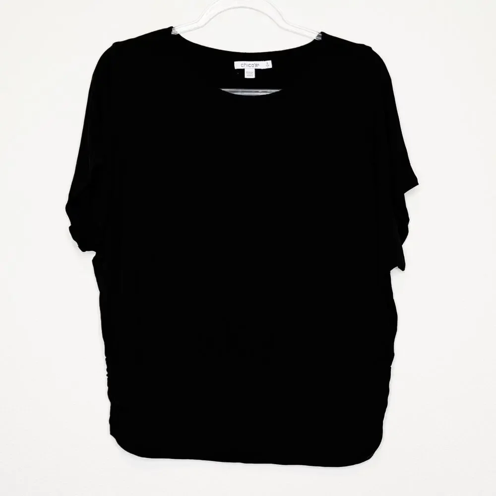 CHICO'S Touch of Cool Ruched Banded Hem Top Dolman Sleeve Black Womens Size L - Picture 9 of 9